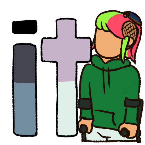 The word 'it' in large letters and the colours of the anomalous it/its flag, which are various shades of gray. There is a person next to the words, visible from the top of its thighs up. It has white skin, a shaved-sides mullet in pink and green, and is using black forearm crutches. It's wearing a green sweater and a blue and brown kippah.
